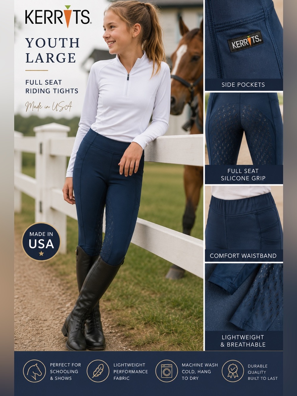 Kerrits Youth Large Full Seat Riding Tights Navy Silicone Grip Equestrian